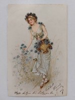 Régi képeslap levelezőlap virágot szedő hölgy