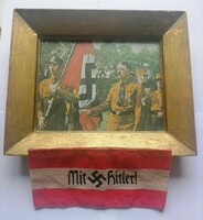 NSDAP náci, horogkeresztes propaganda karszalag + Hitler keretezett, üvegezett kép
