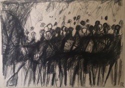 András Rác (1926 - 2013) marching mass charcoal drawing with original guarantee!