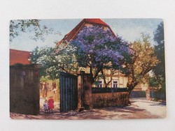 Old postcard postcard spring little girls street scene