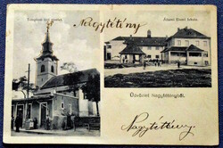 Nagytétény - mozaiklap - Állami elemi iskola, Templom téri részlet (üzlet , katona) 1910körül