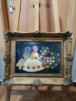 A painted life portrait embroidered on silk in a Blondel picture frame