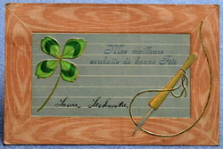 Antik  dombornyomott üdvözlő litho képeslap palatáblaként pennával  4levelű lóhere