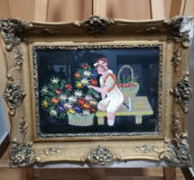 A painted life portrait embroidered on silk in a Blondel picture frame