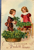 Antique embossed greeting litho postcard little girl little boy cordé lots of 4-leaf clovers