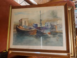 Presumably a watercolor painting by Zoltán Koncz, in a glazed wooden frame