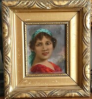 Celestin Pállya: portrait of a young girl in a blue scarf