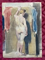 Watercolor nude painting by István Lovaghy.