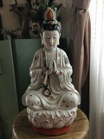 Régi nagy méretű keleti porcelán Buddha szobor, kézzel festett