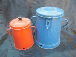 2 Pcs, old, folk grease bucket, with handle and lid. Enamelled. Flawless, no holes.