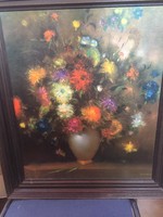 Virágcsendélet - tökéletes, dekoratív nyomat kvalitásos olajfestményről, jelzett, széles fa keretben