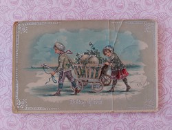 Old New Year postcard 1917 postcard kids clover cart