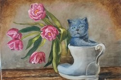 Antyipina Galina: Macska csizmában, olajfestmény, vászon. 40x50cm