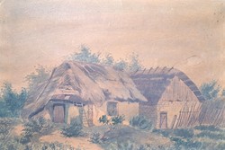 Aladár Kacziány (1887-1978): houses with thatched roofs - old watercolor - farmhouses, countryside