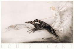 Louis Icart Tempó 1927 art deco metszet művészeti plakátja, lány három angol agár fekete kutya