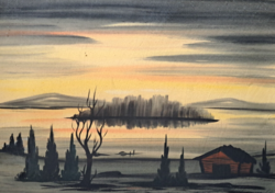 Naplemente a tóparton (festmény kerettel) alkonyat, vízparti tájkép - keleti művész?