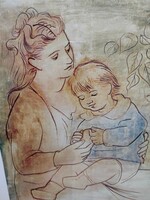 Picasso 'mother with child' lithograph indicated + dry stamp in frame size: 37 x 49 cm.