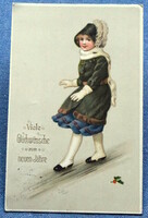 Antik  Újévi üdvözlő litho képeslap  kis hölgy téli ruhában