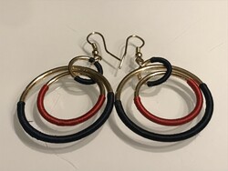 Earrings with hoops wrapped in deep blue and red silk thread, 5.5 cm long
