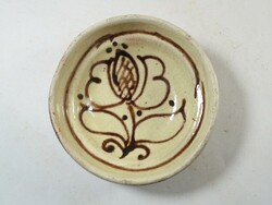 Old retro ceramic wall picture hanging painted fired clay plate - folk flower motif