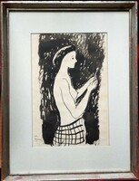 A curiosity! Bene géza: young girl with a mirror - original ink drawing from 1951!