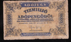 1946 Tízmillió Adópengő ( Adójegy 10.000.000 Adópengőről ) Vízjel, címer fordított  amelyeknél