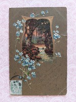 Old postcard embossed postcard landscape with forget-me-not motif