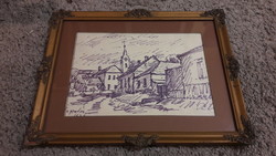 Réti Mátyás 1976 ink drawing, Tapolca street scene