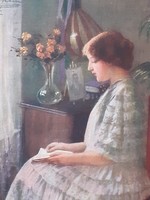 Old postcard 1917 reading lady art postcard