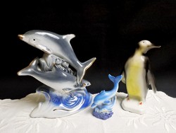 3 db porcelán állat figura: pingvin és delfinek-delfin párok
