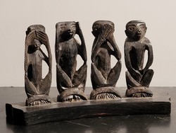 The 4 wise monkeys carved wood 14.5x8.5cm does not see does not hear does not speak does not do bad 3 three