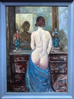 Nude in front of a mirror with blue drapery - oil painting