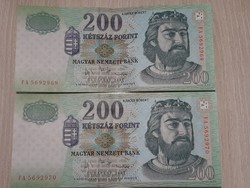 200 Forints 2007 wooden serial numbered pair of crispy banknotes