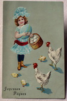 Antik dombornyomott Húsvéti üdvözlő litho képeslap kislány kosár tojás tyúkok csibék