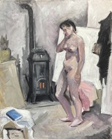 Nude in the studio, with a stove - oil painting