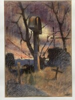 Pastel painting by László Balla - hillside with crucifix.