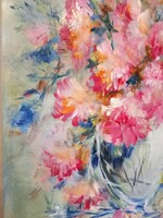 "RAGYOGÓ-DERŰS-RÓZSASZÍN"virágcsendélet"festmény farostlemezen 40 x 50 cm