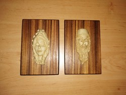 Antik fa-bakelit keleti nő és férfi arc falikép párban (12/d)