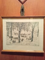 Mihály Gácsi (1926-1987) lumberjacks. Color etching