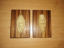 Antique wood-vinyl oriental wall picture of a woman and a man's face in a pair (12/d)