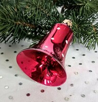 Régi üveg karácsonyfa dísz piros pöttyös harang 7x5cm