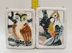 Owl and woodpecker, colorful glazed ceramic wall decoration with 