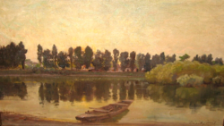 Guaranteed original Carpathian Jenő /1870-1950/ painting: waterfront with a boat