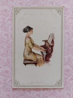 Régi képeslap 1916 szecessziós levelezőlap művészrajz hölgy zongora