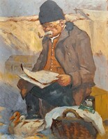 Reading uncle with a pipe (oil, cardboard) peasant uncle, village life