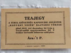 Irredenta, Turul Federation, Kaposvár, comrade tribe of leader Koppány, tea ticket 1932., Turul hostel