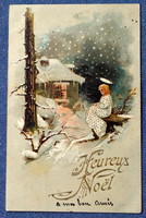 Antik dombornyomott litho Karácsonyi üdvözlő képeslap  angyalka havas éjszakai táj arany csillagok