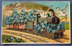 Antik arannyal préselt üdvözlő képeslap virágszállító vonat nefelejcs galambok