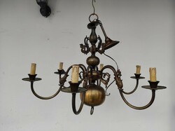 Antique 6-arm patinated copper Flemish chandelier + 6 new decorative candles and 6 bulbs 640