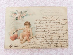 Régi képeslap 1900 levelezőlap angyal szív galamb motívum